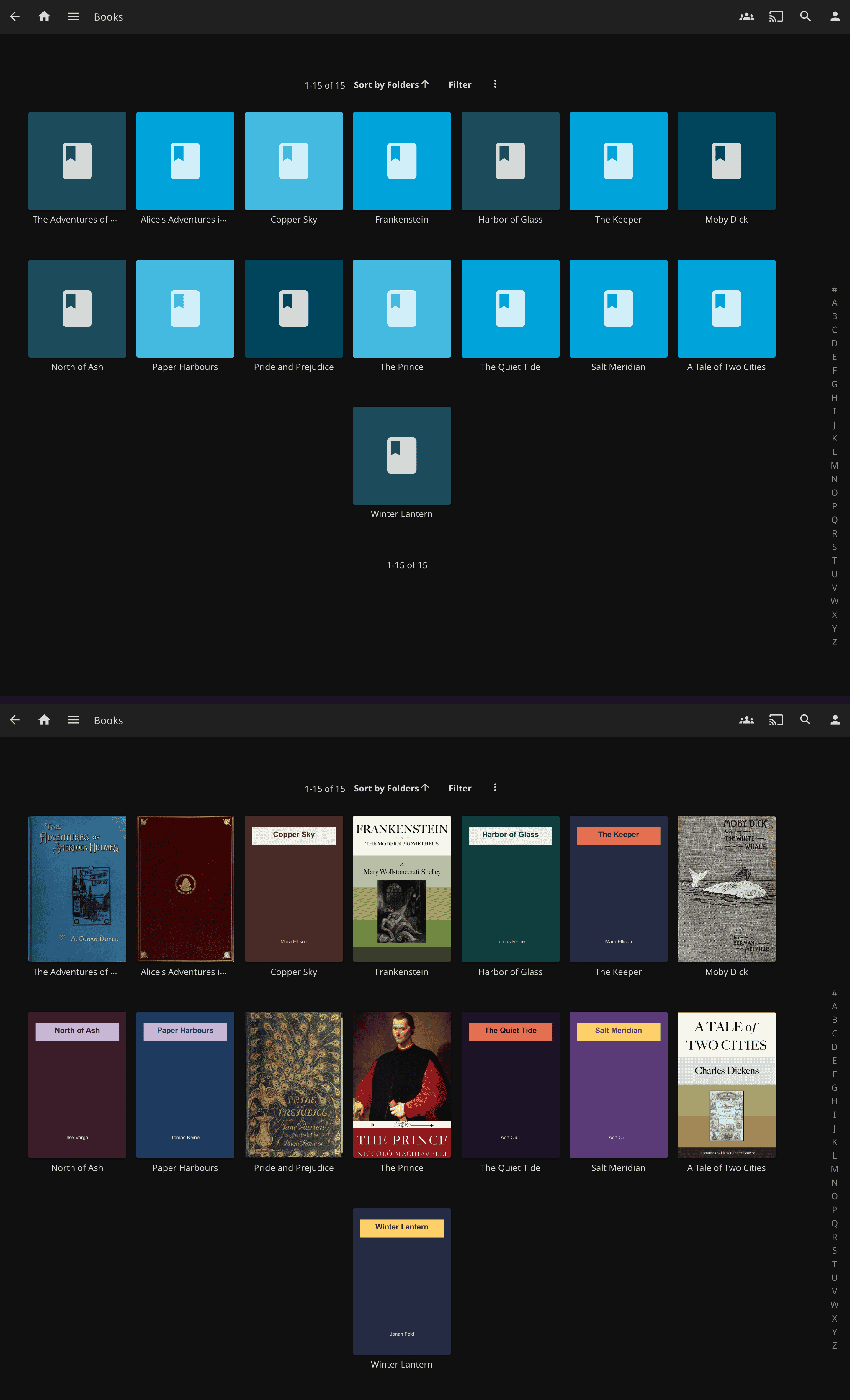 The same Jellyfin Books library twice: fifteen blank tiles before SmartCovers, and the same fifteen tiles each with a cover after it, from PDF first pages, EPUB and MOBI cover images and Open Library