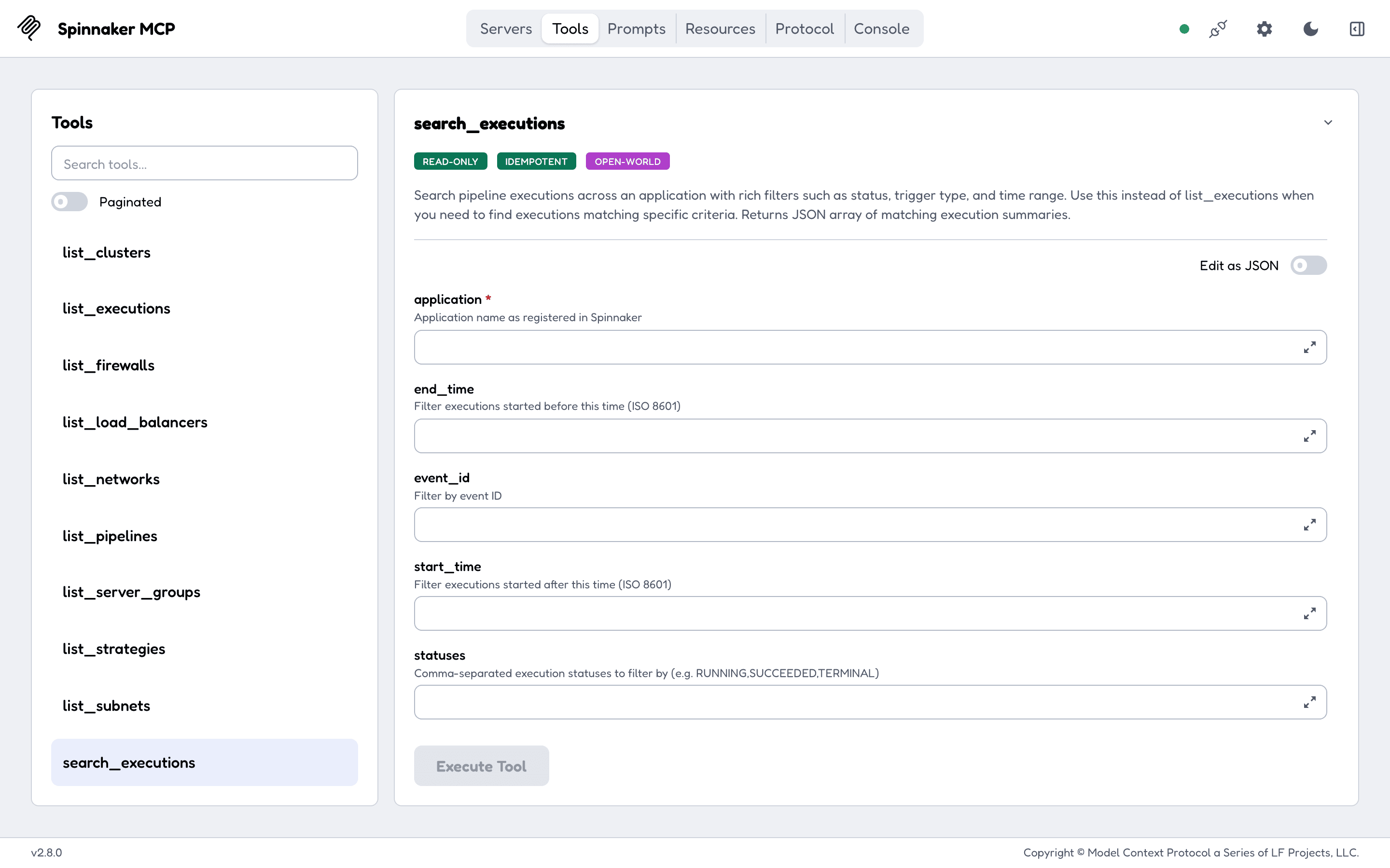 MCP Inspector connected to spinnaker-mcp started with TOOLSETS=readonly: the tool list holds only read tools, and search_executions is selected with its application, trigger type, status and time-range arguments