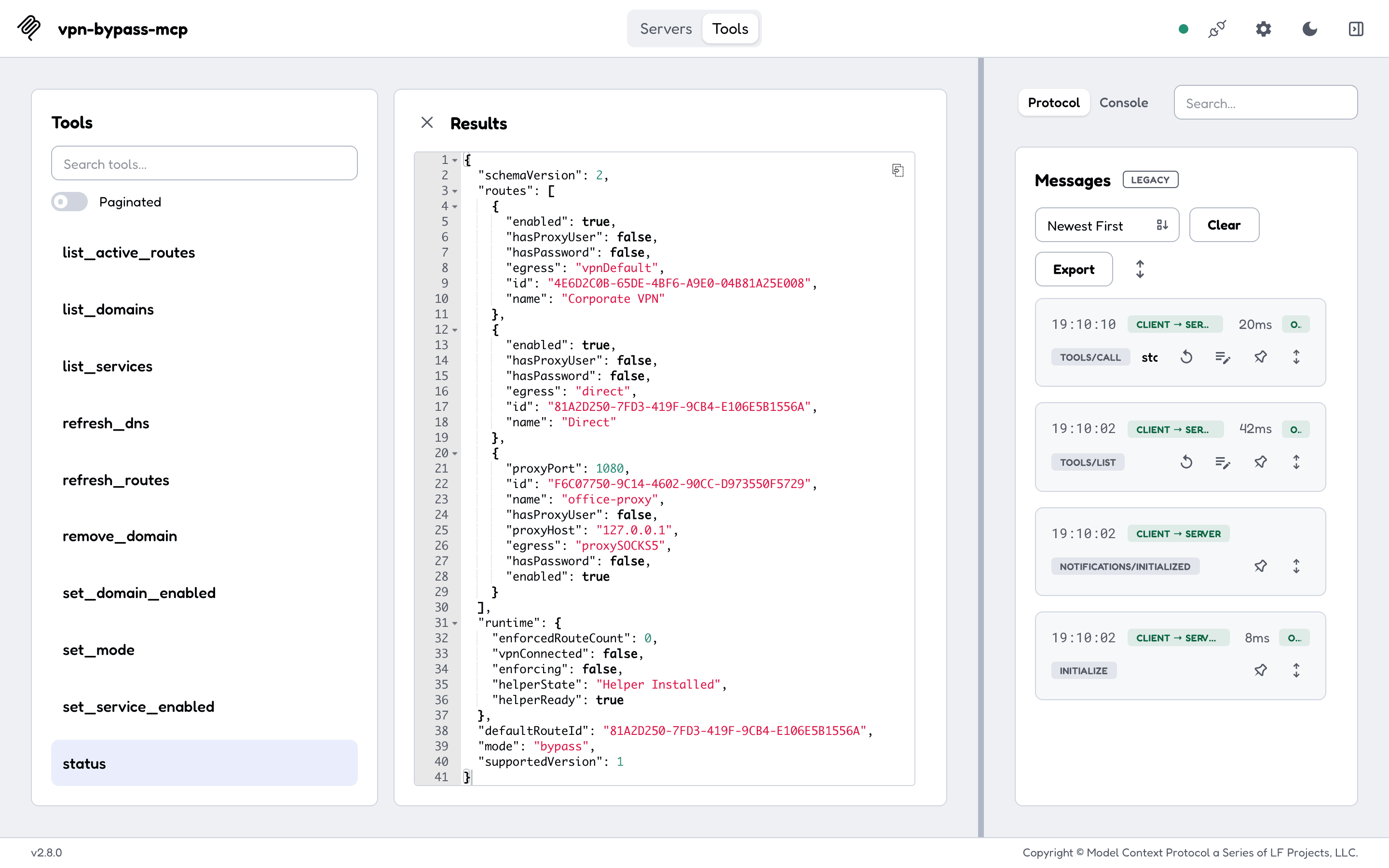 The status tool run from MCP Inspector against VPN Bypass on a Mac: the app's JSON unchanged, with the Custom-mode routes, the runtime block (helperReady, vpnConnected, enforcedRouteCount) and the routing mode