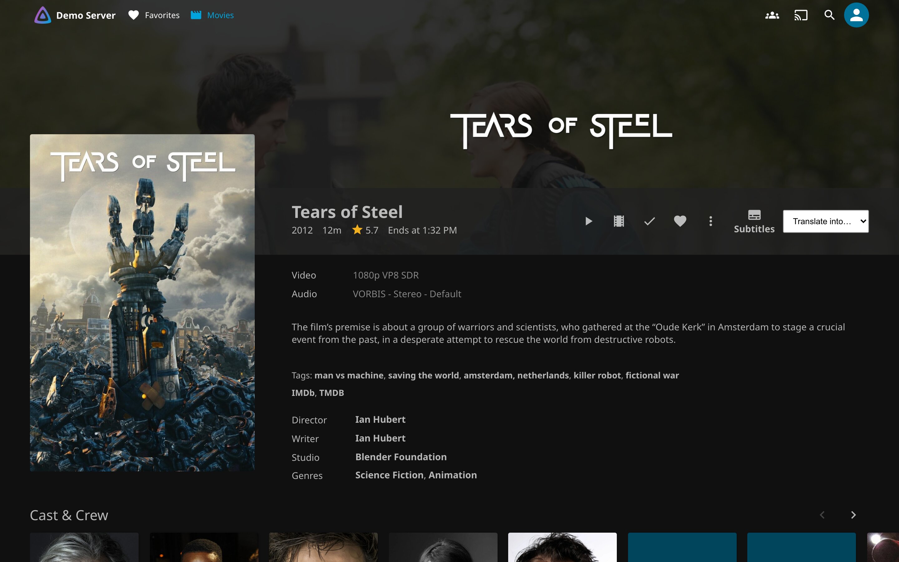 A film's page in Jellyfin with the Subtitles button and the Translate into list WhisperSubs adds