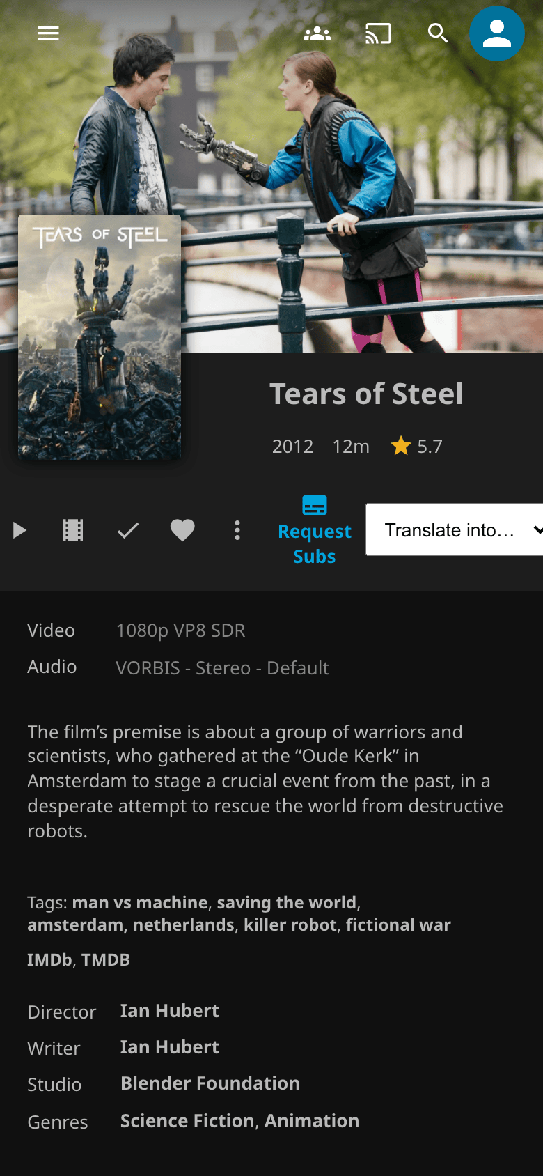 The same film's page on a phone, as a viewer, with the Request Subs button