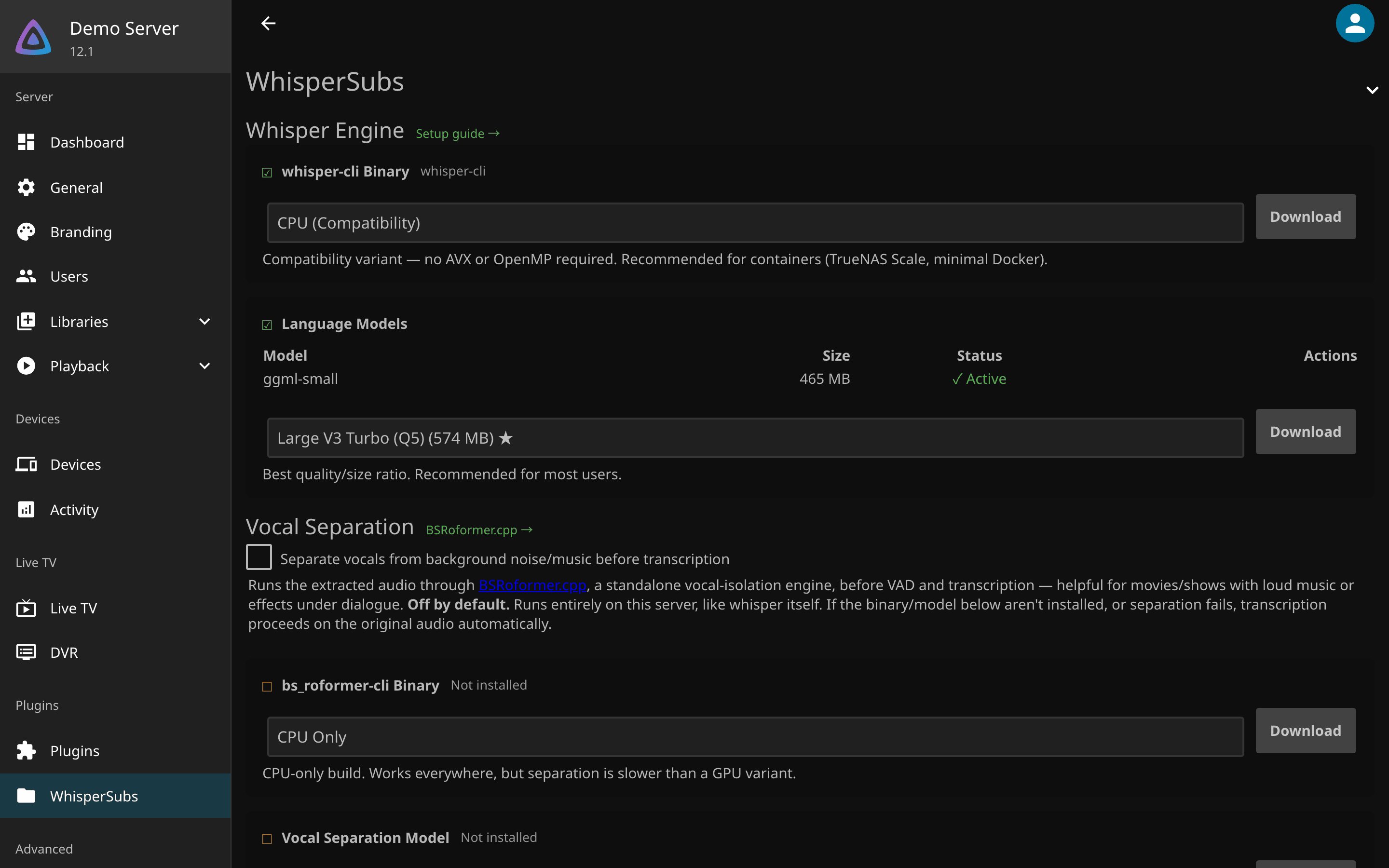 The WhisperSubs settings page in Jellyfin: the engine binary installed and the small model active, both panels green