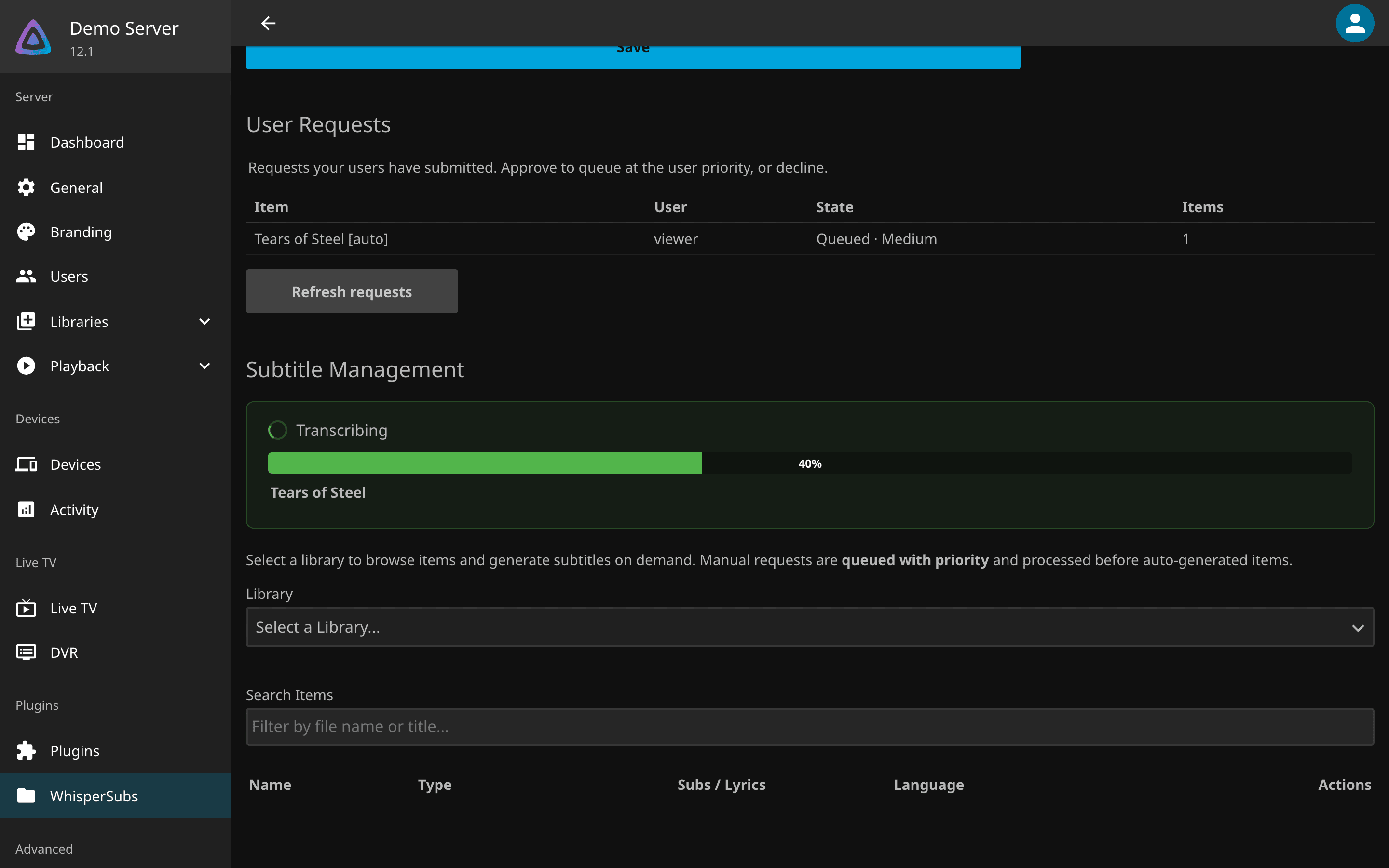 The Generating Subtitles banner: progress bar, the current title and the queue