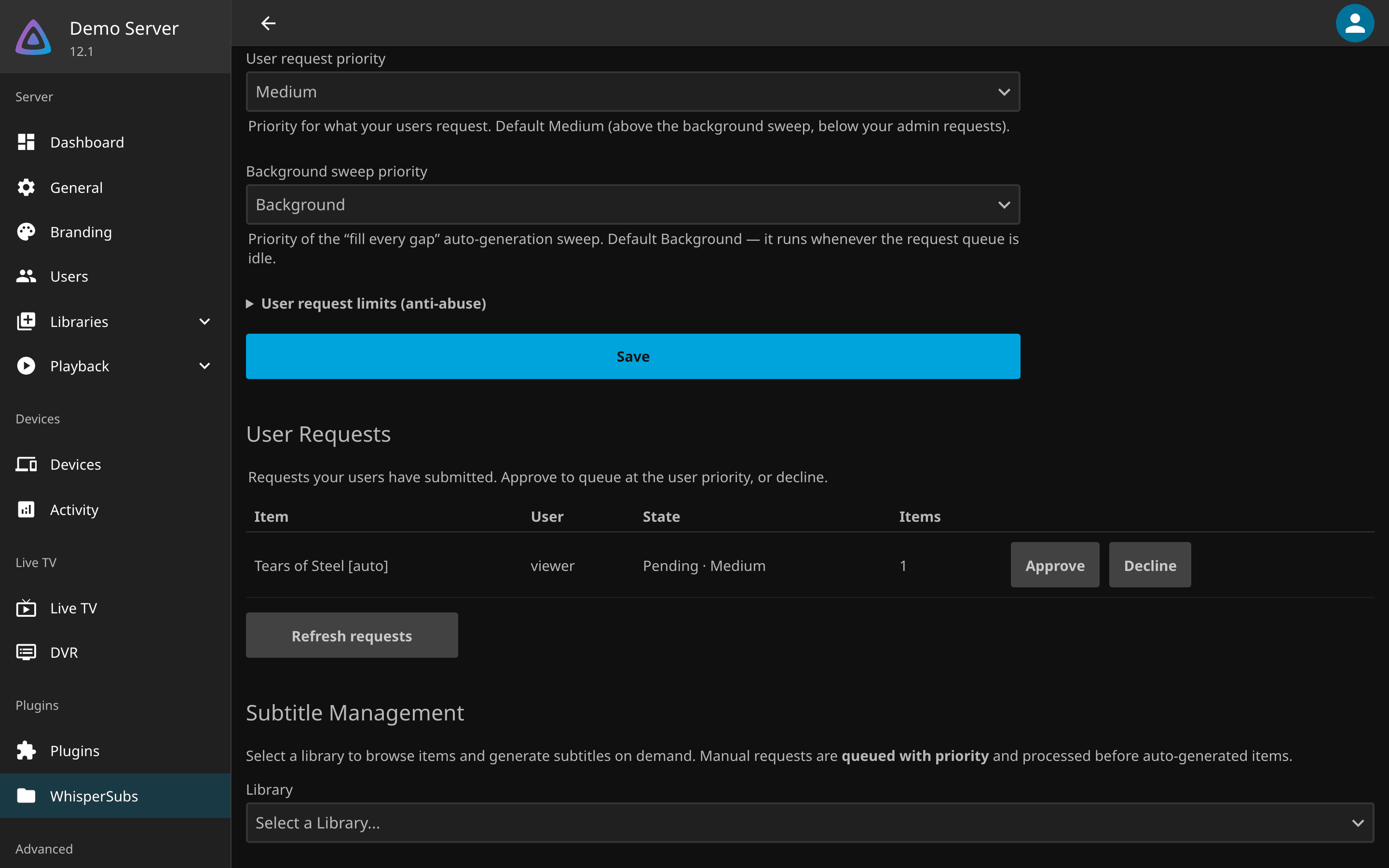 The user requests panel with one pending request waiting for approval