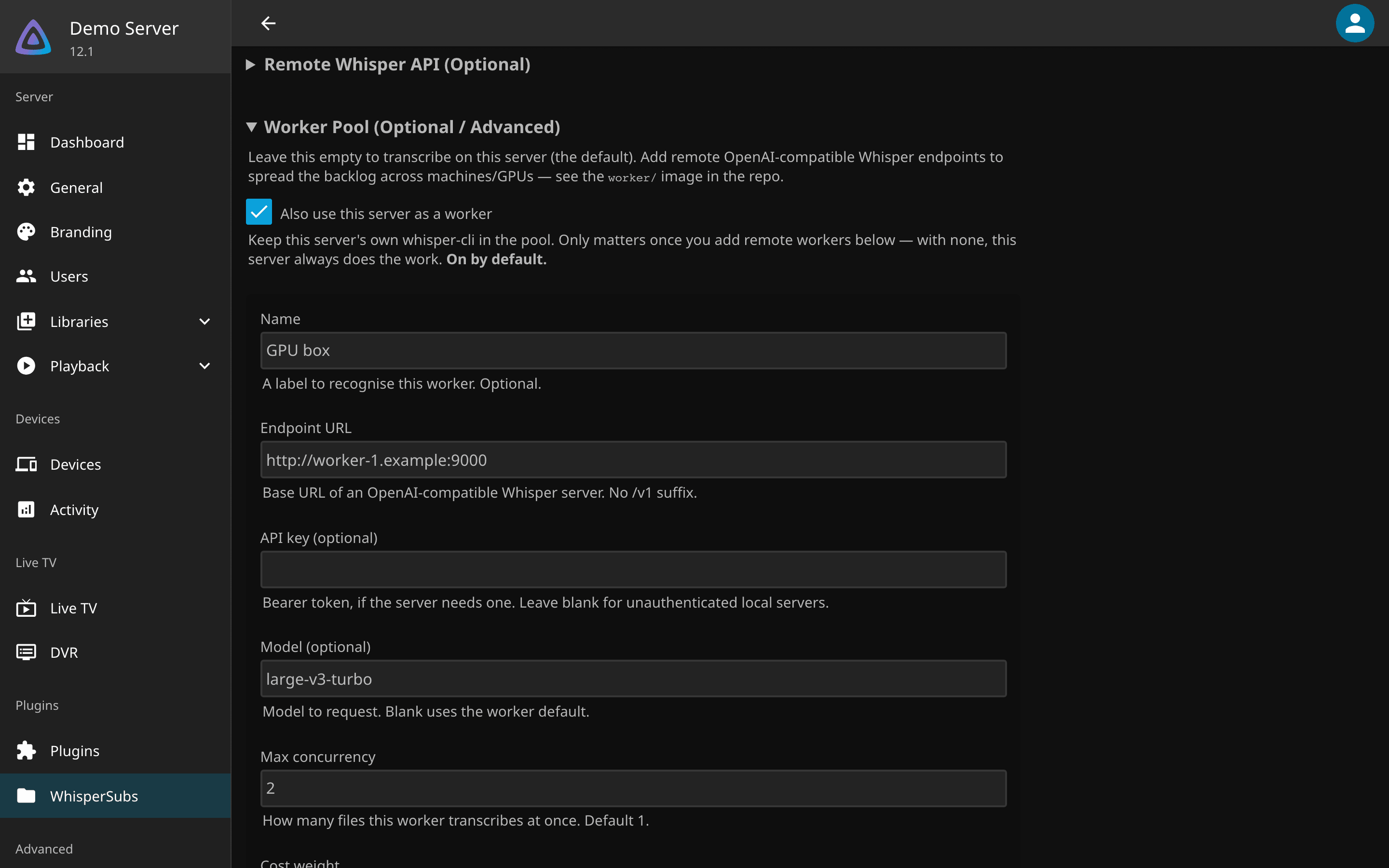The worker pool section with one remote worker configured